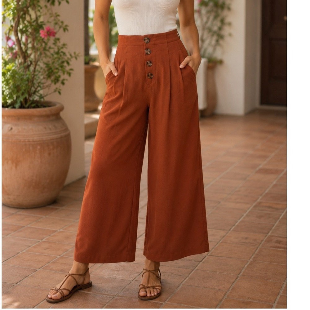 Zara TRF Rust Orange High Waisted Button Front Wide Leg Culotte Pants Small 26